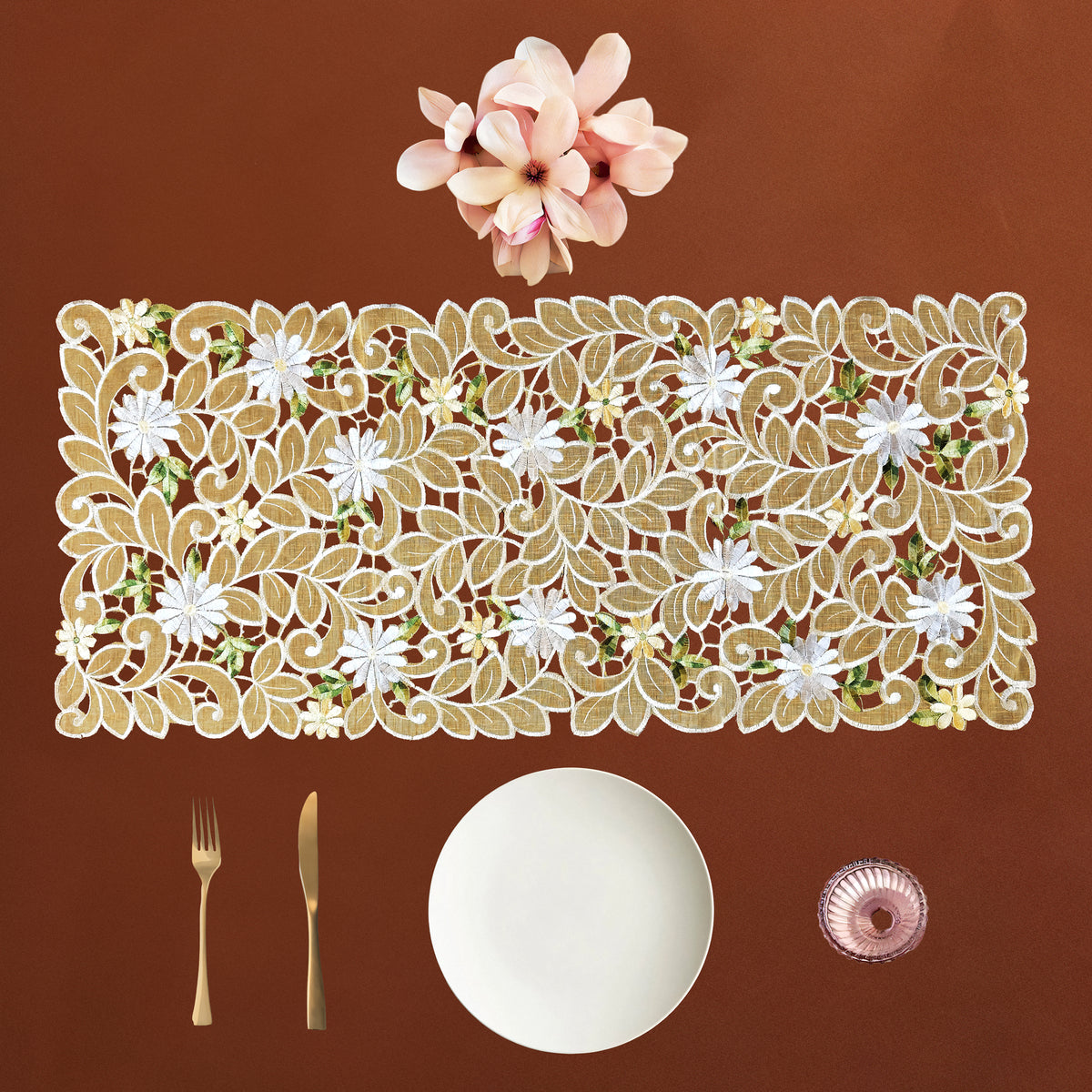 Solara Floral Gold Lace Table Runner