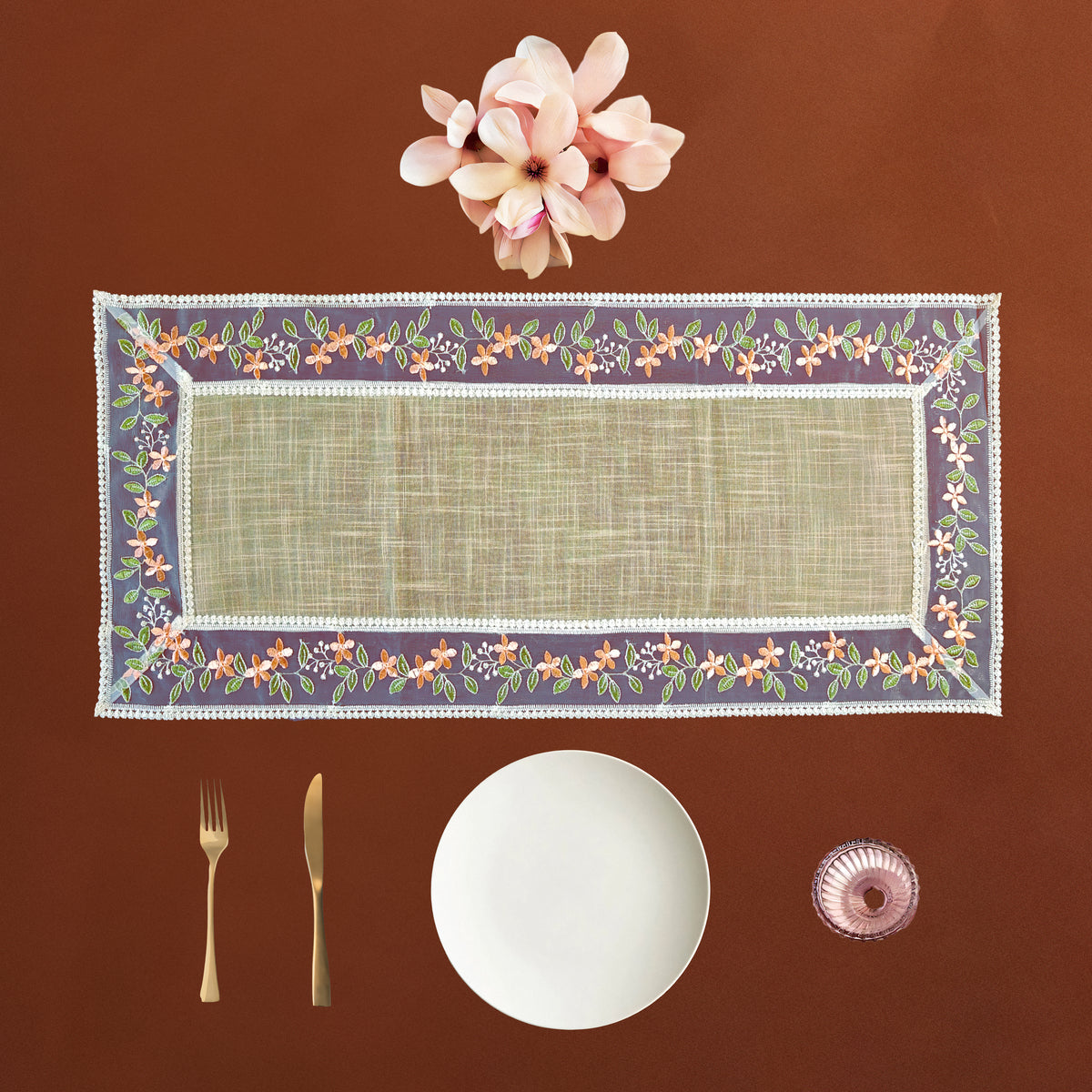Aangan Floral Beaded Border Table Runner