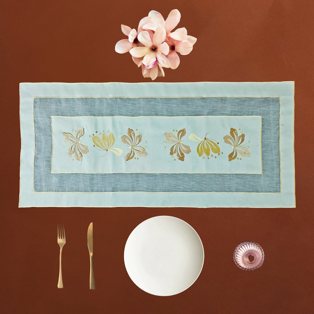 Aqua Golden Floral Tissue Work Table Runner