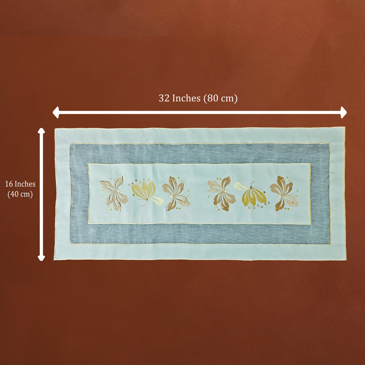 Aqua Golden Floral Tissue Work Table Runner
