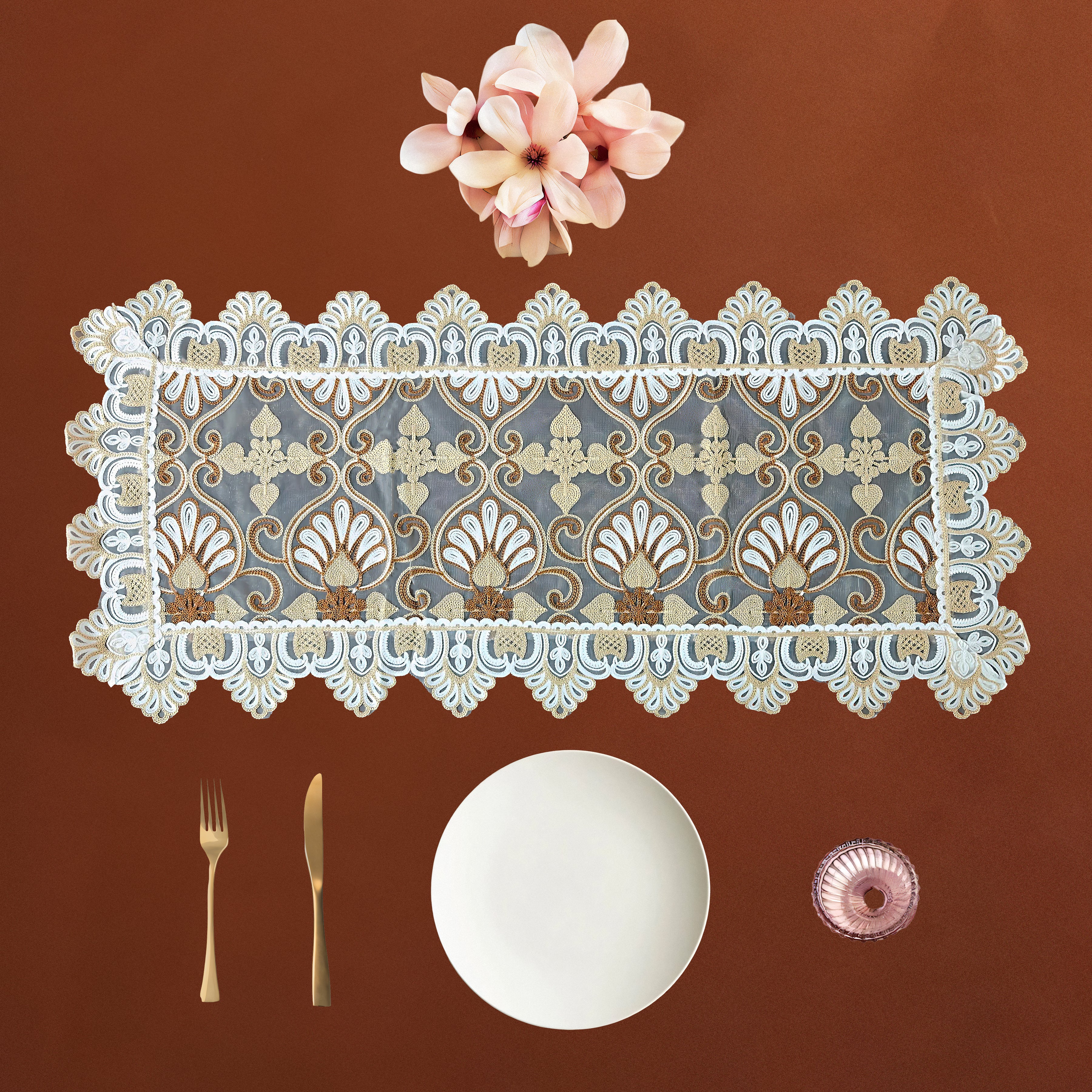 Empress Damask Tissue Work Lace Table Runner