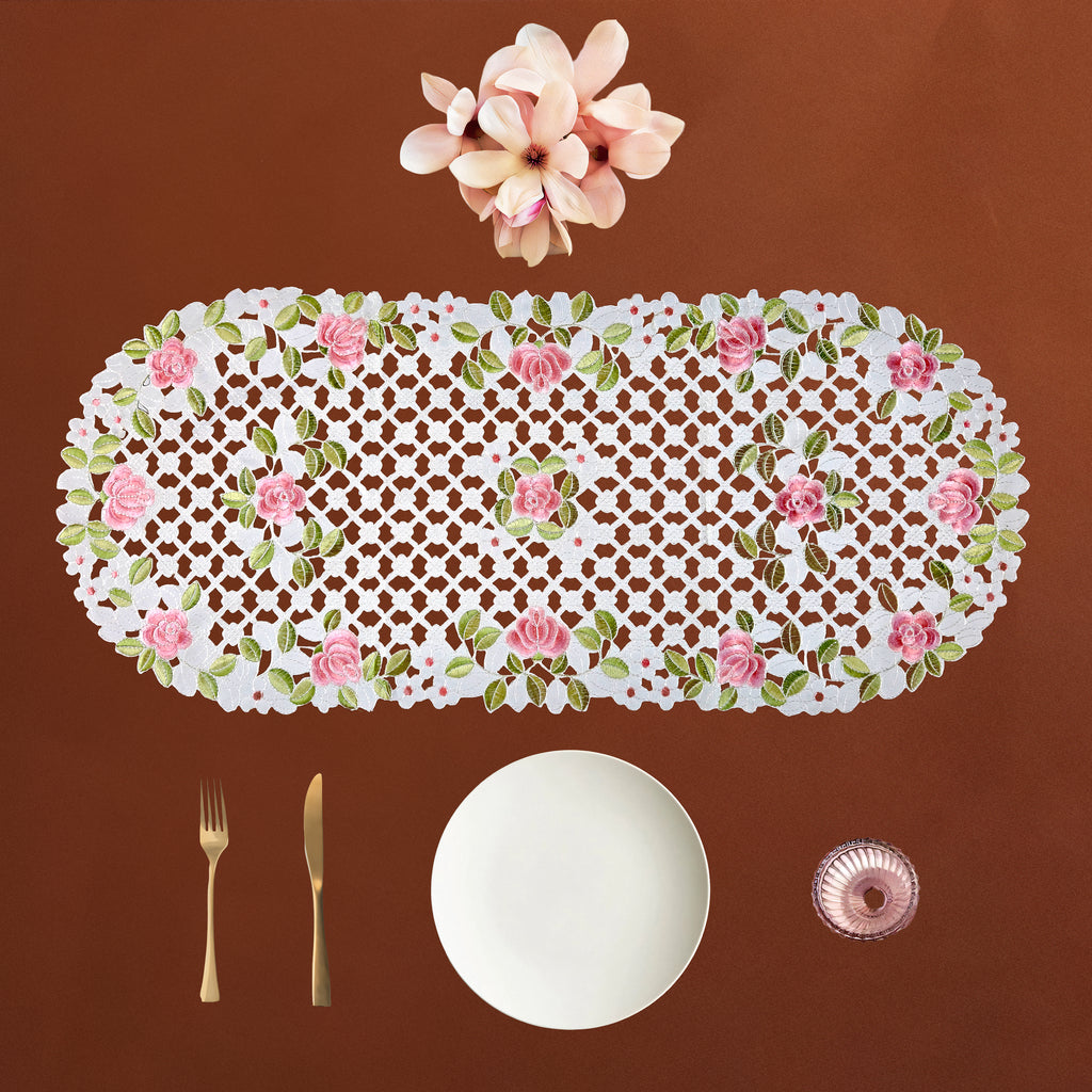 Roselle Floral Lattice Cutwork White Table Runner