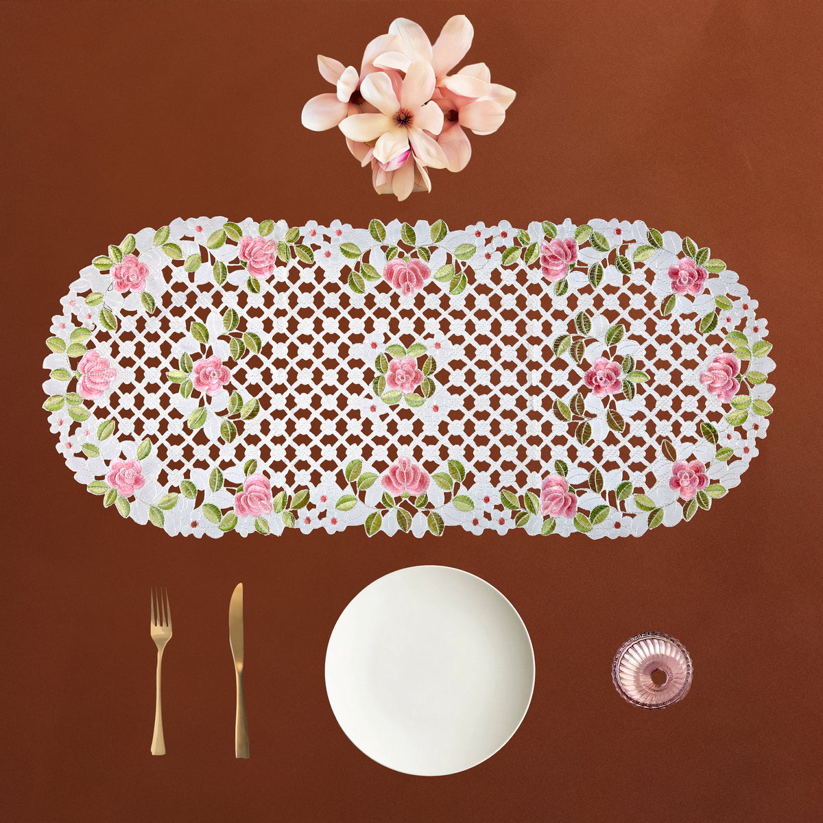 Roselle Floral Lattice Cutwork White Table Runner