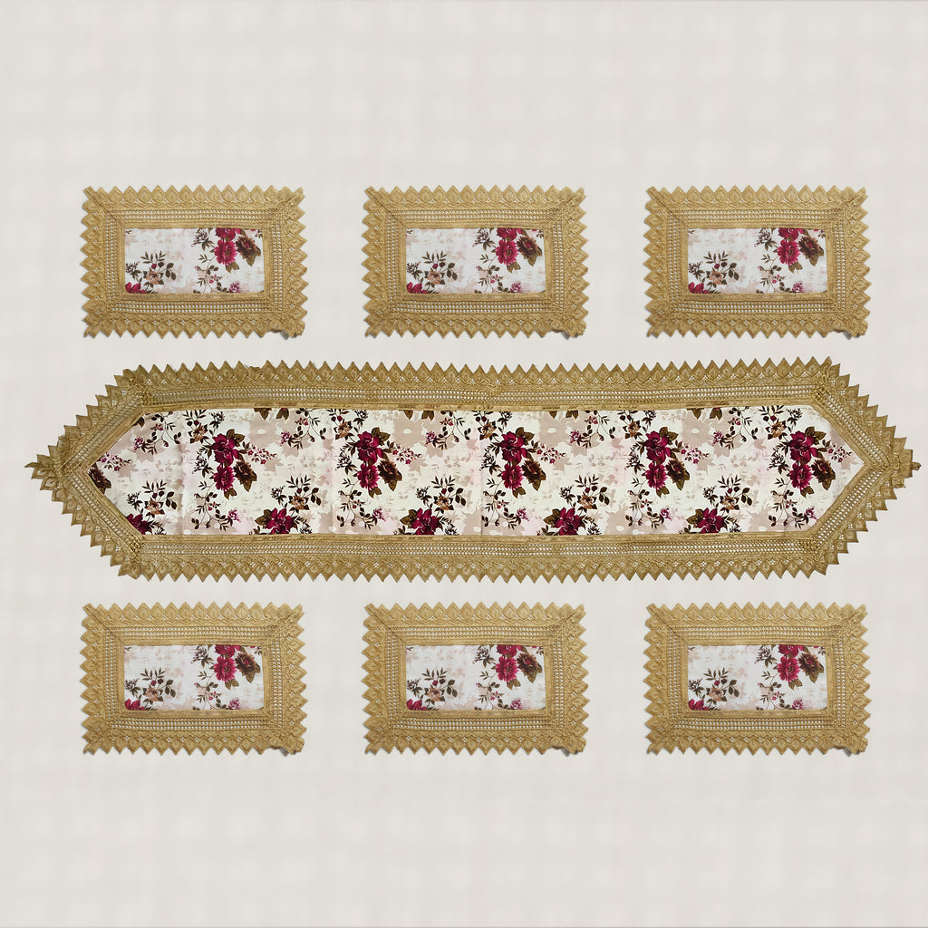 Regency Vintage Floral Gold Lace Table Runner & 6 Mat Set