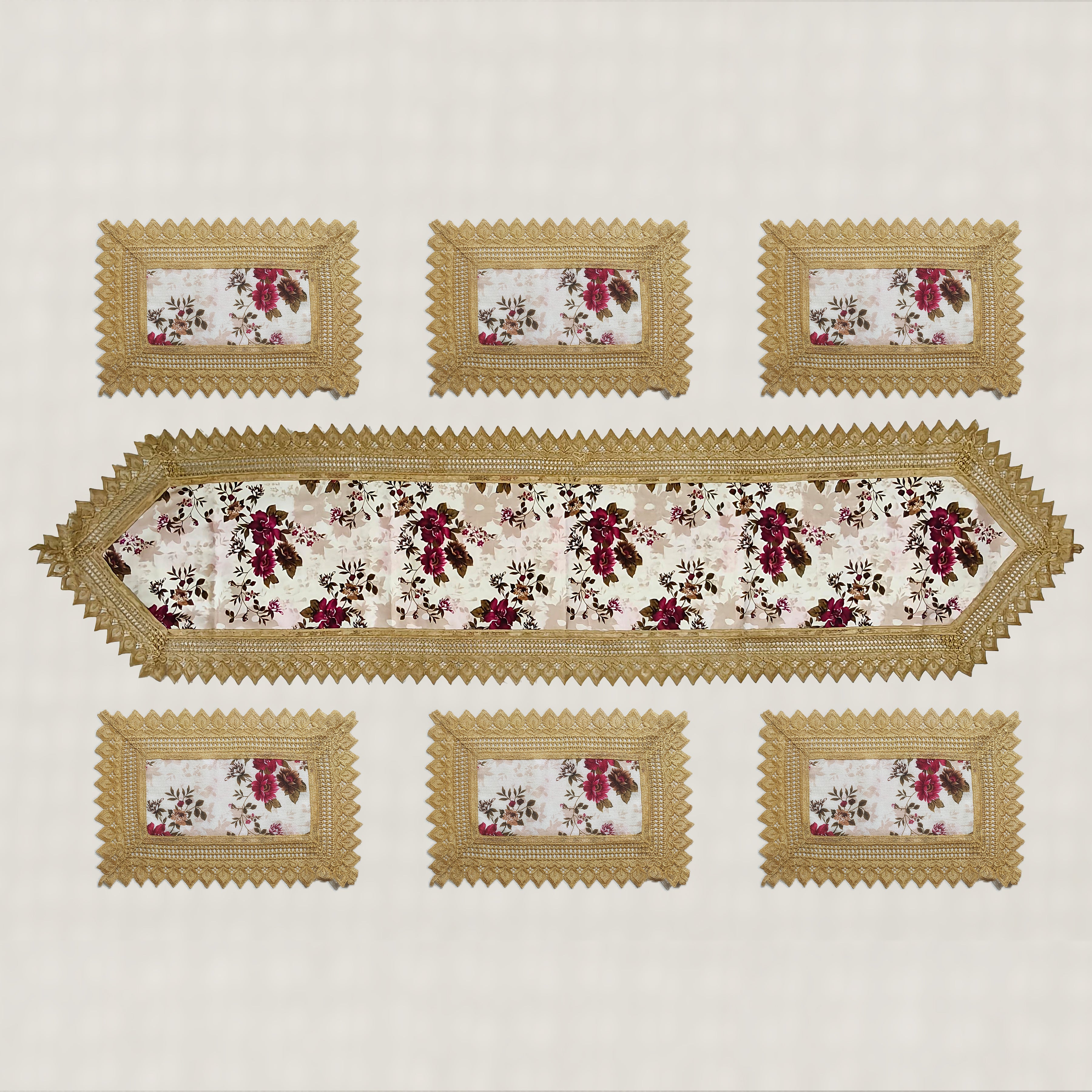 Regency Vintage Floral Gold Lace Table Runner & 6 Mat Set