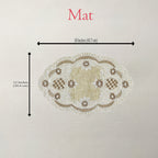 Decorative mat with lace design and measurements on a plain background