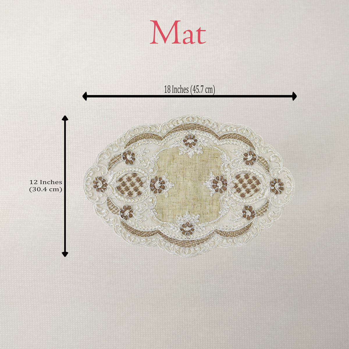 Decorative mat with lace design and measurements on a plain background