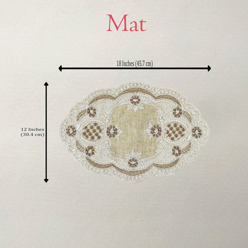 Decorative mat with lace design and measurements on a plain background