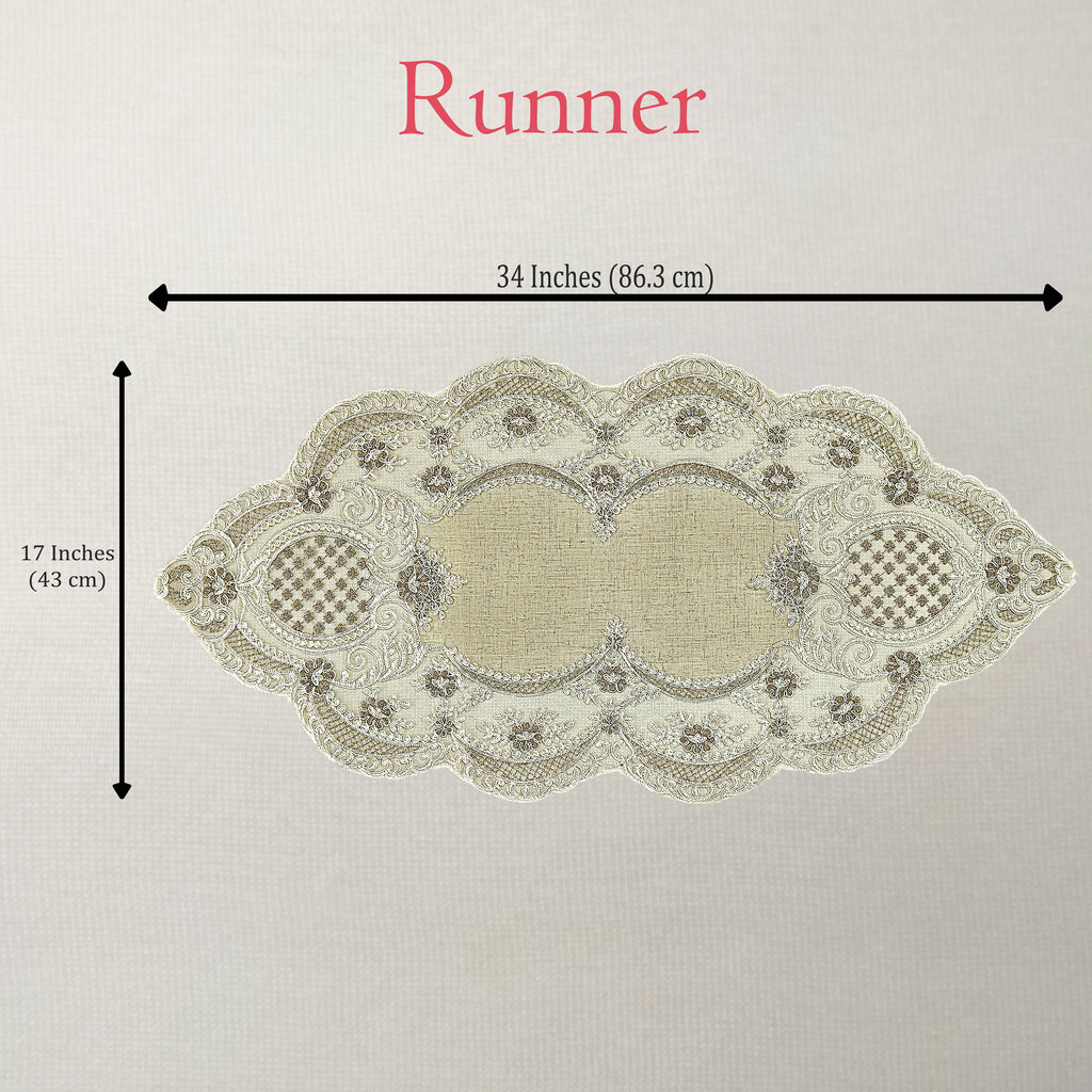 Decorative table runner with measurements on a plain background