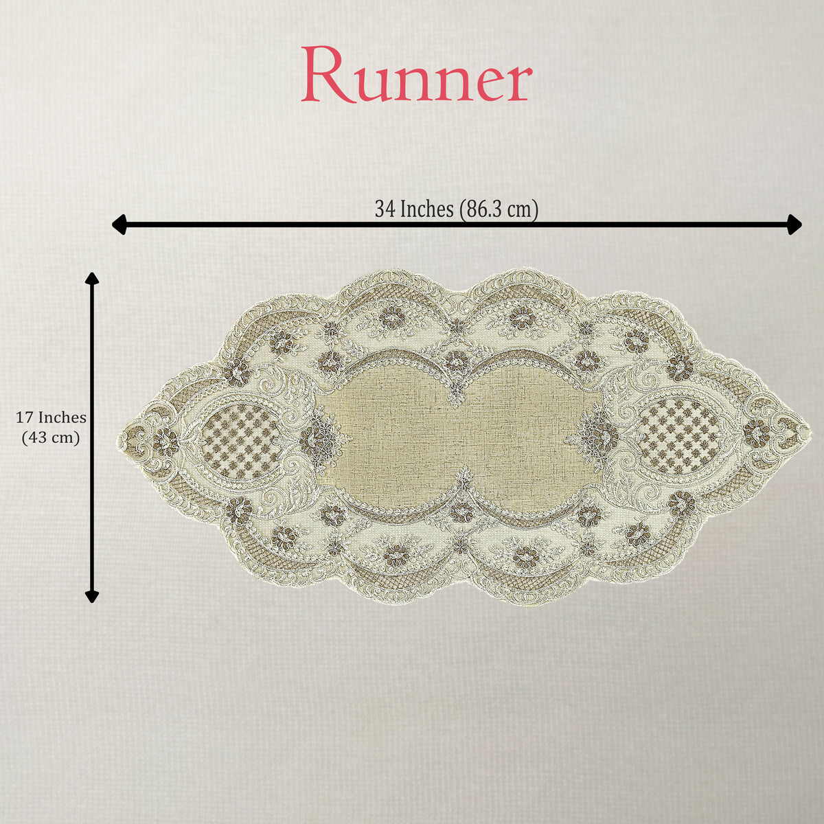 Decorative table runner with measurements on a plain background