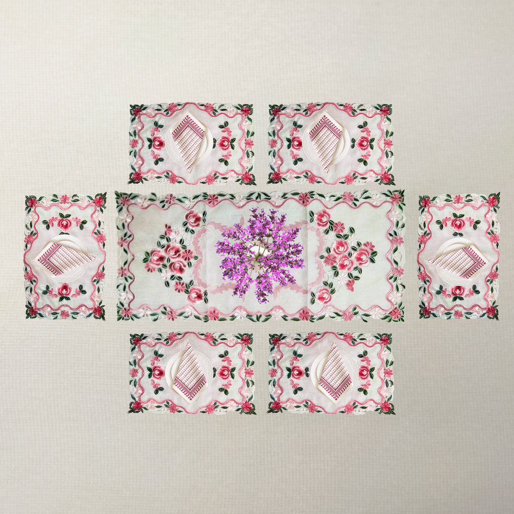Camellia Rose Scalloped Table Runner & 6 Mat Set