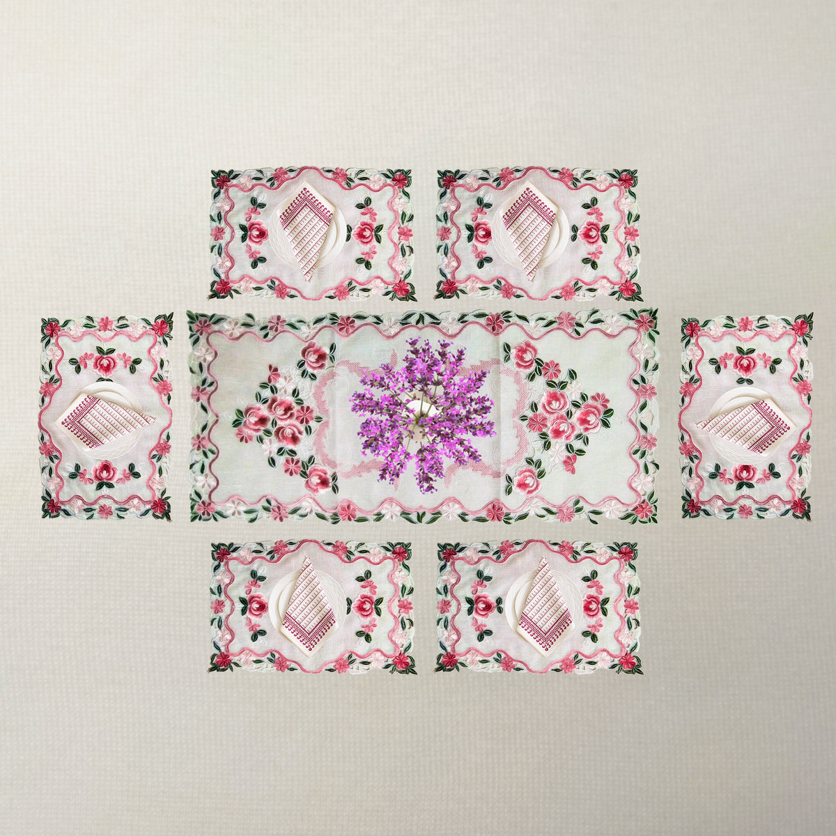 Camellia Rose Scalloped Table Runner & 6 Mat Set