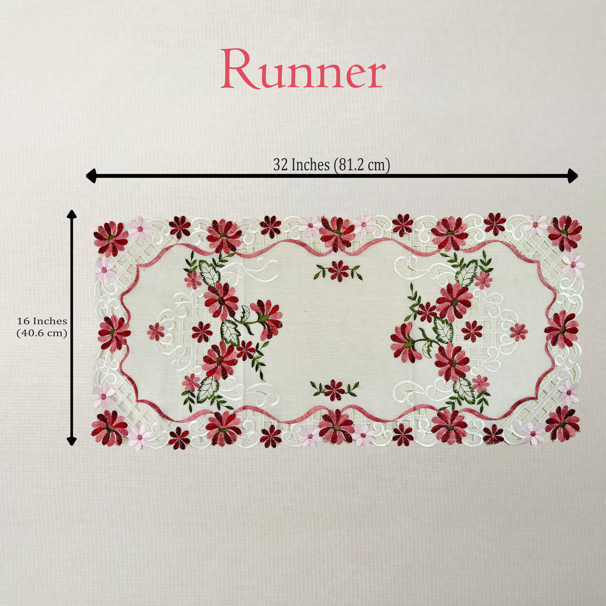 An embroidered table runner with a floral pattern, shown with dimension lines indicating a width of 32 inches (81.2 cm) and a height of 16 inches (40.