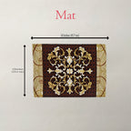 A rectangular decorative mat with an ornate gold and white damask pattern on a dark brown background, shown with dimension arrows and text indicating 18 inches by 13 inches on a light neutral background.
