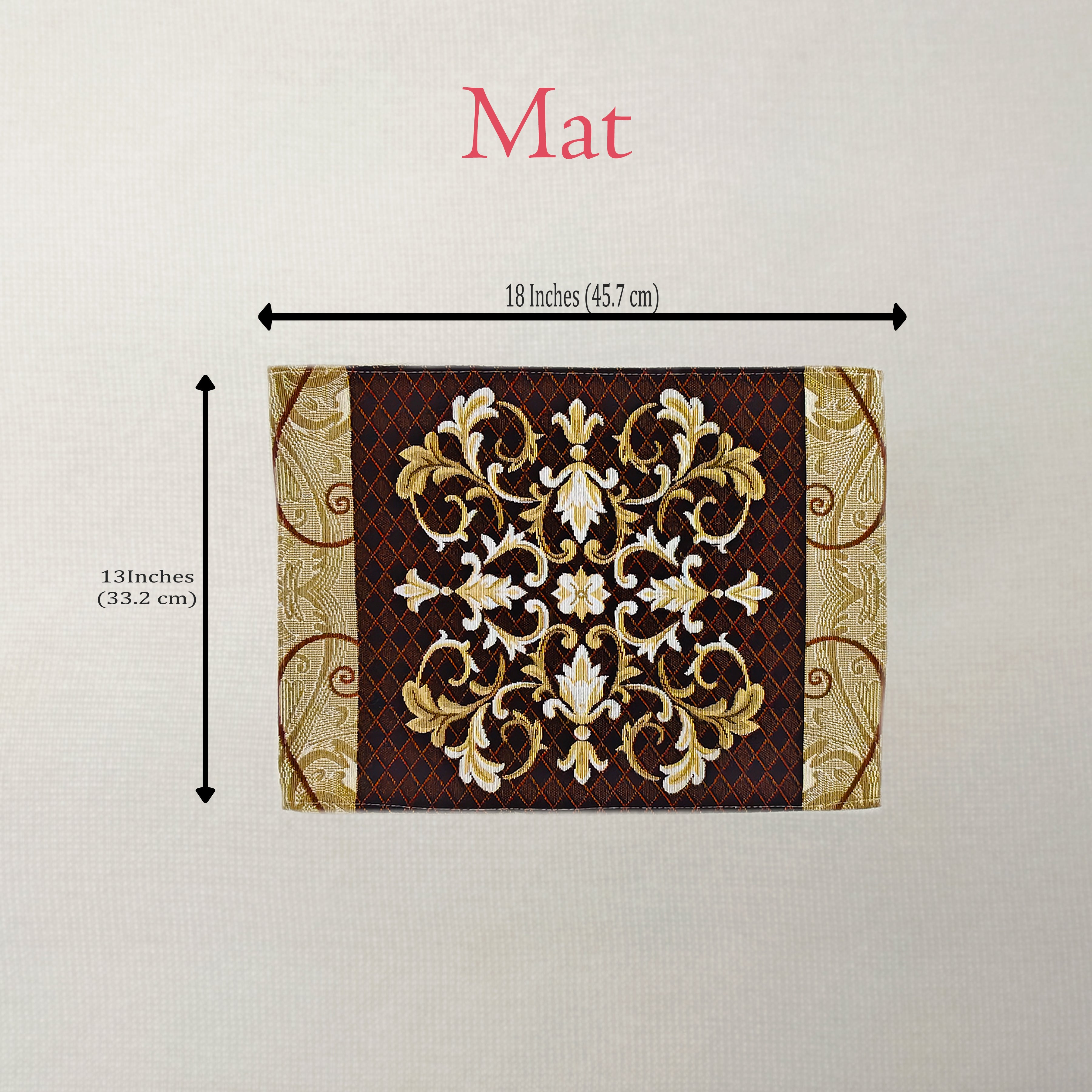 A rectangular decorative mat with an ornate gold and white damask pattern on a dark brown background, shown with dimension arrows and text indicating 18 inches by 13 inches on a light neutral background.
