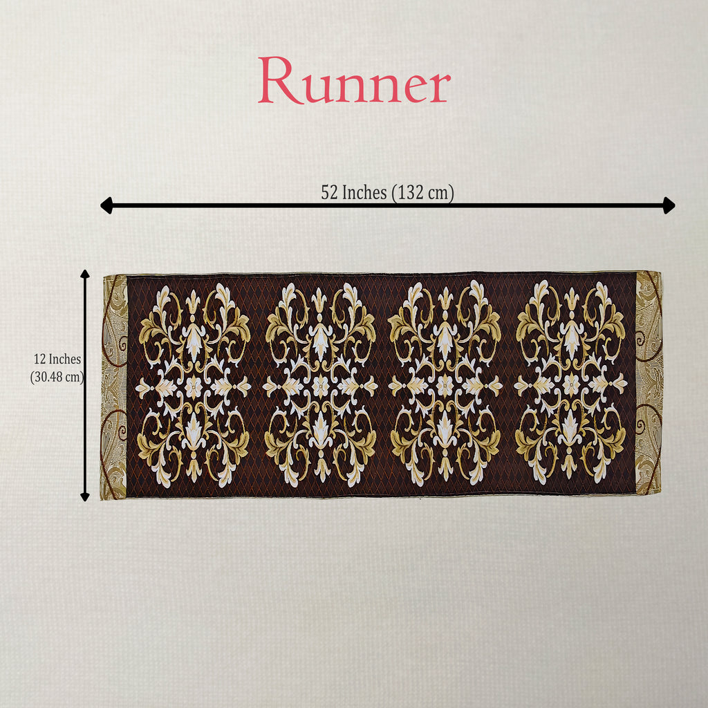 A rectangular decorative runner with an ornate repeating damask-style pattern in dark brown, gold, and white, shown on a light neutral background with printed dimension arrows indicating 52 inches by 12 inches.
