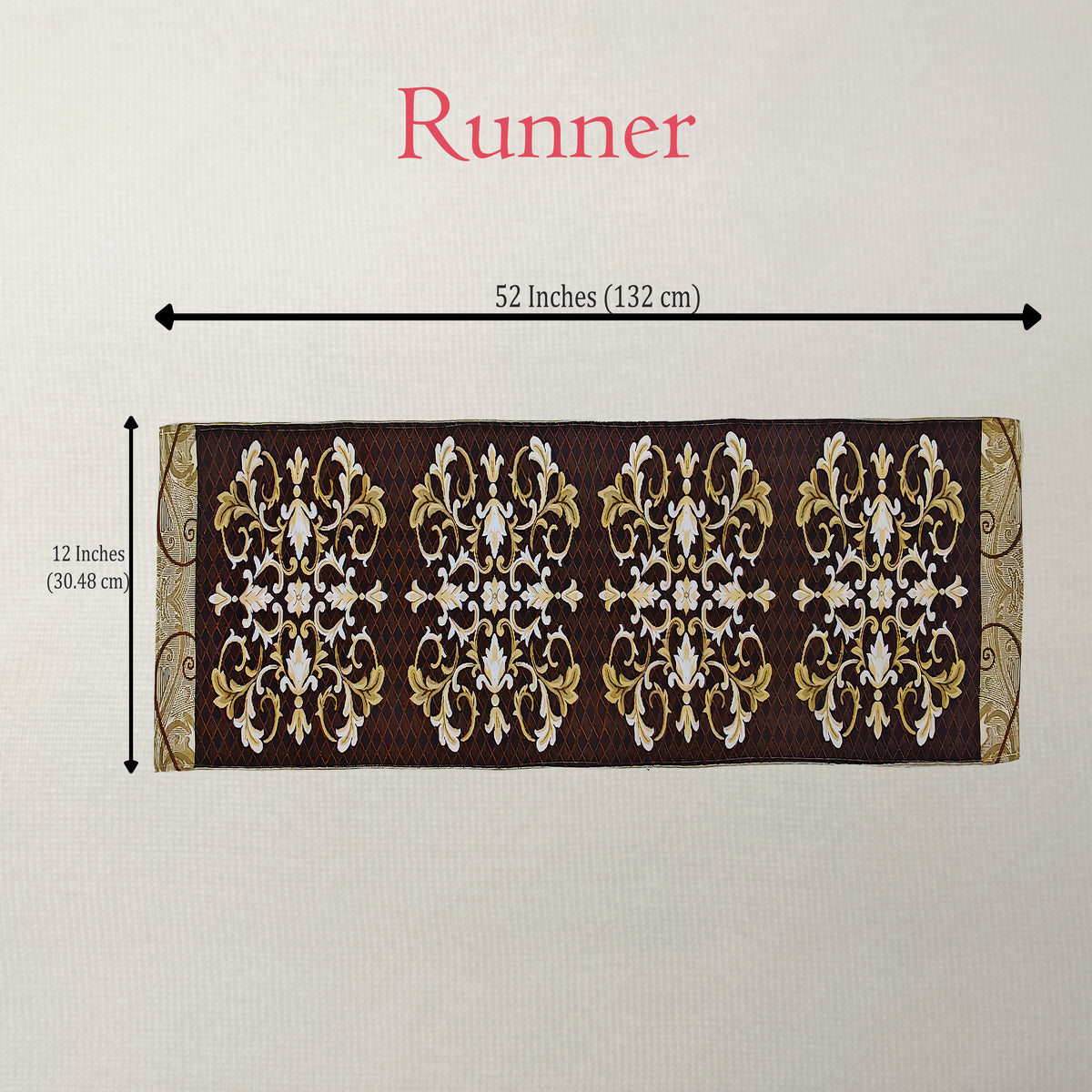 A rectangular decorative runner with an ornate repeating damask-style pattern in dark brown, gold, and white, shown on a light neutral background with printed dimension arrows indicating 52 inches by 12 inches.