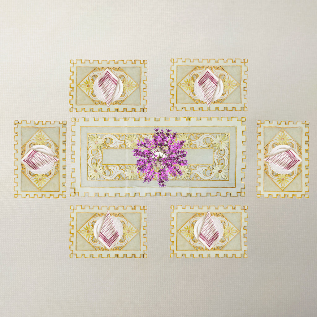 Arabesque Floral Scroll Table Runner & 6 Mat Set