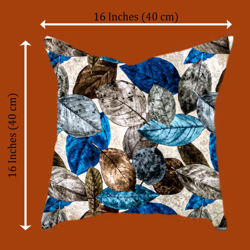 A square decorative throw pillow with a leaf pattern, shown with dimension arrows indicating 16 inches by 16 inches (40 cm by 40 cm) on a solid rust-orange background.