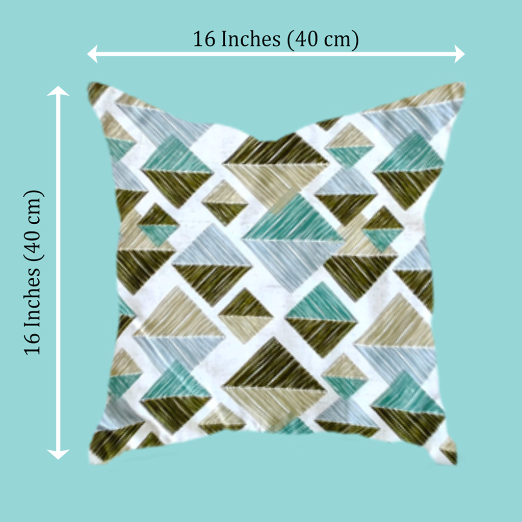 A square cushion cover with a geometric triangle pattern in olive green, teal, beige, and white, shown with dimension arrows indicating a size of 16 inches by 16 inches (40 cm by 40 cm) against a solid light teal background.