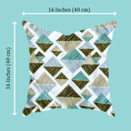 A square cushion cover with a geometric triangle pattern in olive green, teal, beige, and white, shown with dimension arrows indicating a size of 16 inches by 16 inches (40 cm by 40 cm) against a solid light teal background.