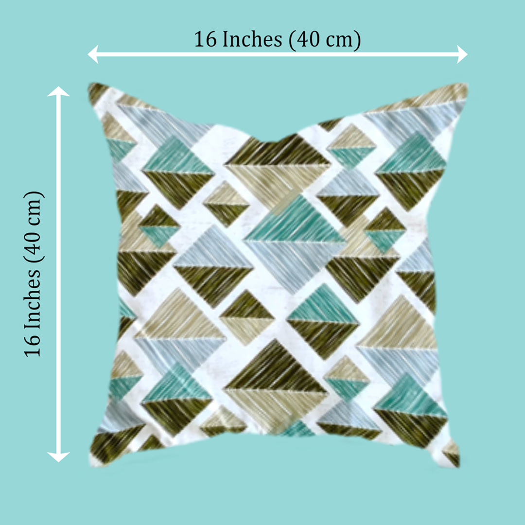 A square cushion cover with a geometric triangle pattern in olive green, teal, beige, and white, shown with dimension arrows indicating a size of 16 inches by 16 inches (40 cm by 40 cm) against a solid light teal background.